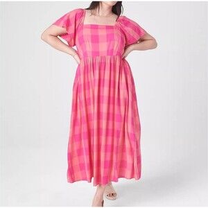 NWT Lane Bryant Size 20 Pink Flutter-Sleeve Gingham Plaid Midi Dress Fit Flare